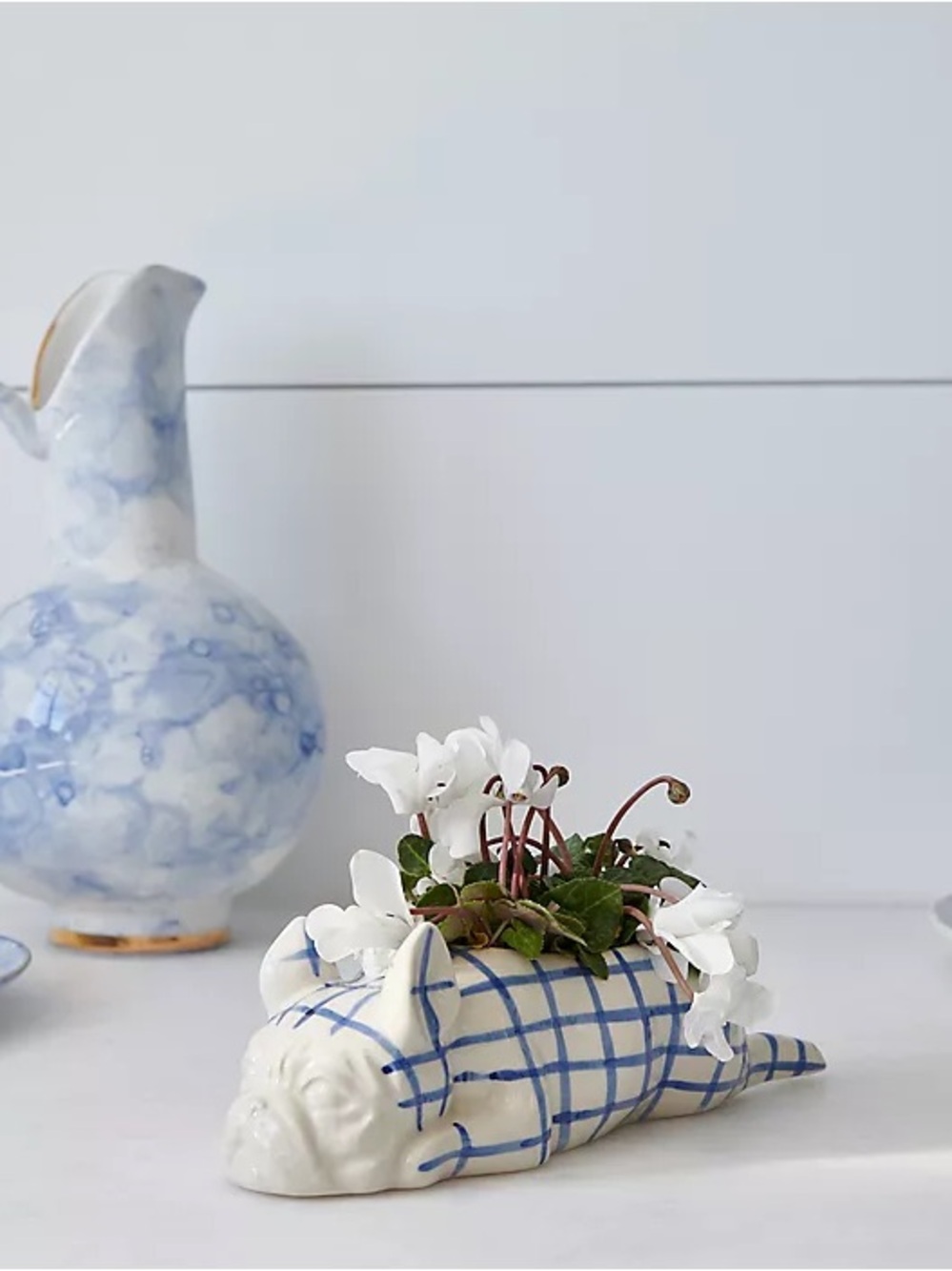 Anthropologie Poppy French Bulldog Puppy Blue Plaid Planter